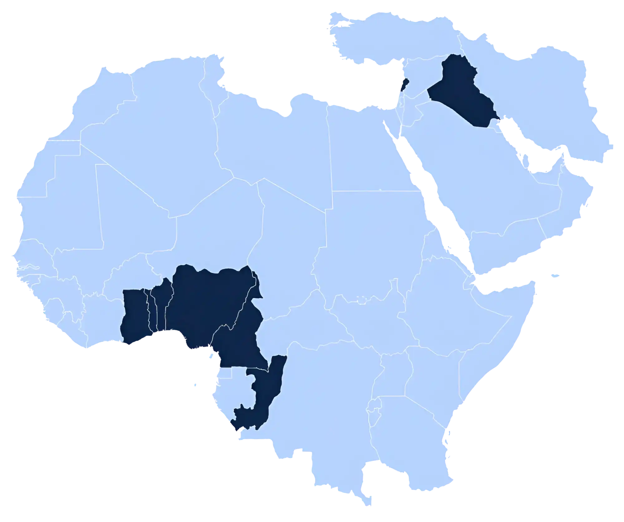Map of MATCO Machinery's coverage across Africa and the Middle East, with active markets highlighted