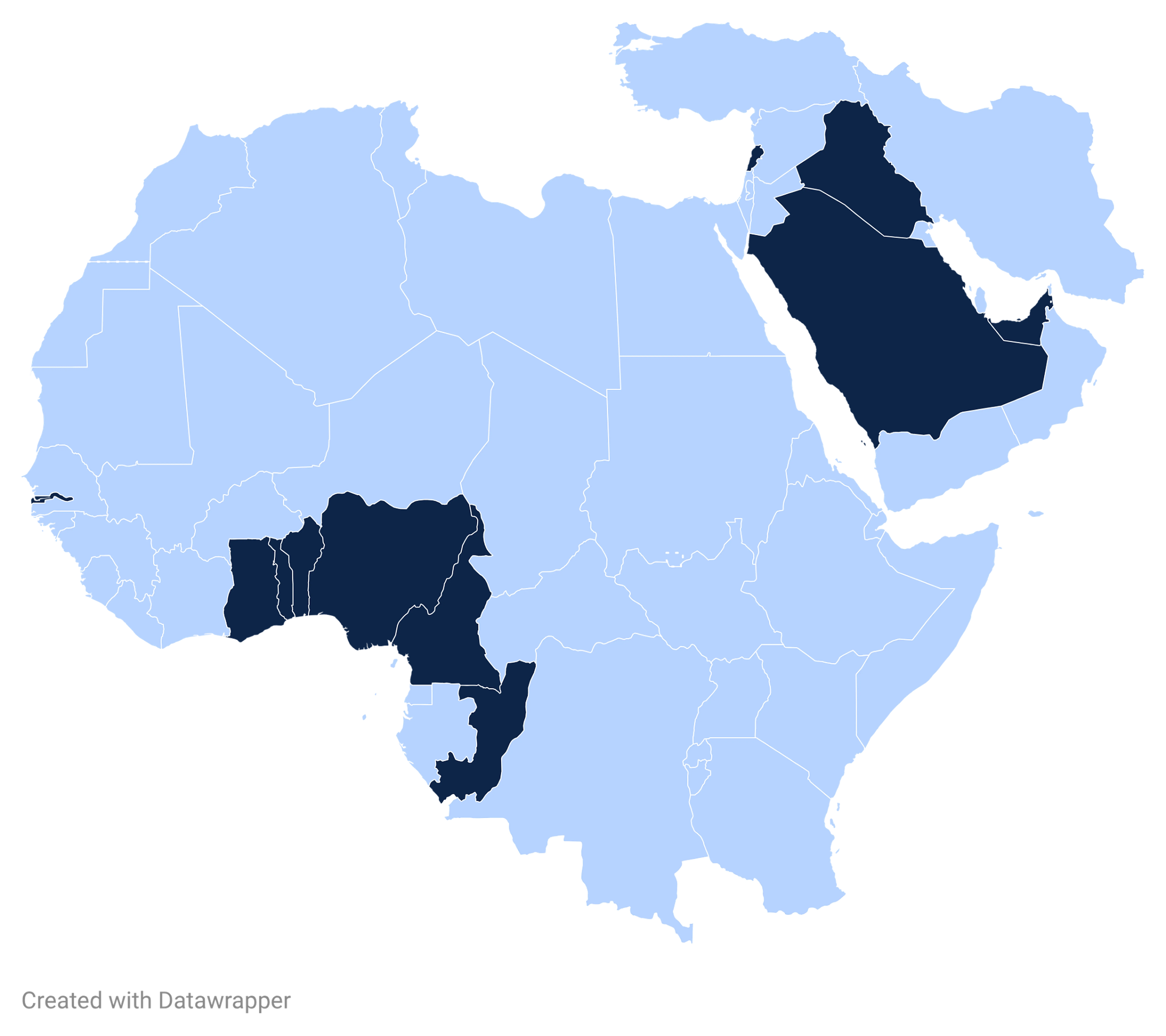 Map of MATCO Machinery's coverage across Africa and the Middle East, with active markets highlighted